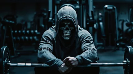 Foto op Plexiglas strong body skull in hoodie sitting on bench press, with big biceps at gym, flexing muscles poster style motivation, dark  © Zahid