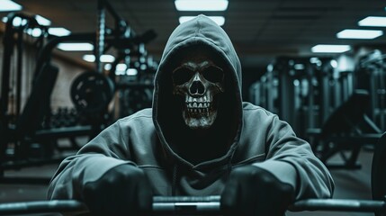strong body skull in hoodie sitting on bench press, with big biceps at gym, flexing muscles poster style motivation, dark 