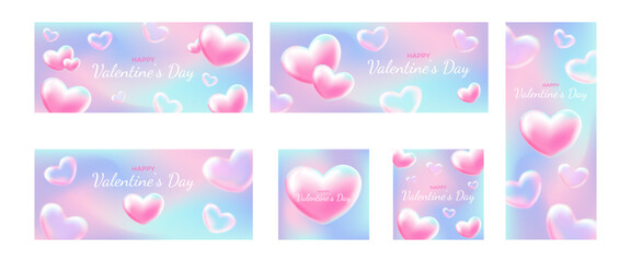 Set of Happy Valentine's Day template.Tender cute 3D heart in the air.Collection banner with text.Pink, purple.Trend gradient.Vector stock illustration.