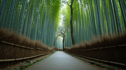 winding stone road.  The Stunning Pathway of  Arashiyama Bamboo Grove in Kyoto, Japan, known for its stunning bamboo forest.  - obrazy, fototapety, plakaty