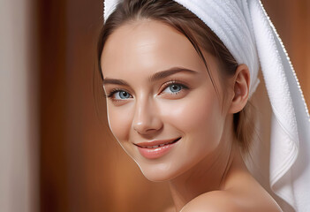 Fototapeta premium Young happy beautiful woman in towel, spa and skin care concept, copy space,