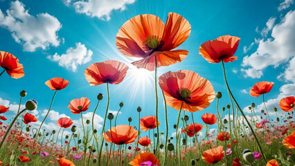 Colorful poppy flowers in the meadow against blue sky at sunny day.Natural floral background. Banner for design.AI generated.