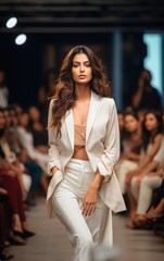 A beautiful white fashion model walking the ramp during a fashion show, wearing warm colors, 