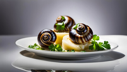 Cooked Escargots De Bourgogne snails with garlic butter and parsley on a plate in a restaurant,...