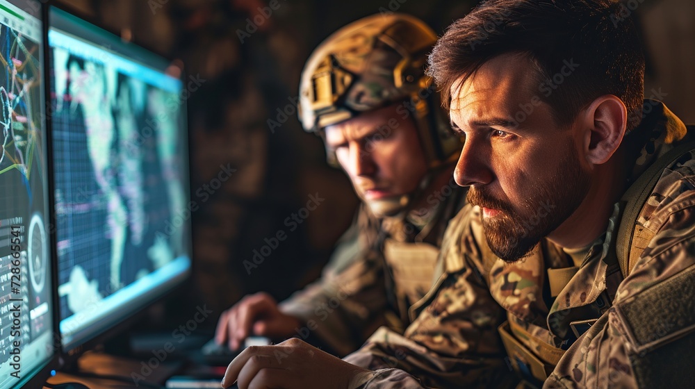 Wall mural US military officers looking at a computer screen during a command and control exercise - Wall murals