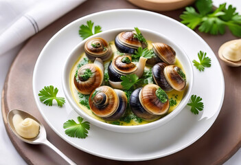 Cooked Escargots De Bourgogne snails with garlic butter and parsley on a plate in a restaurant,...