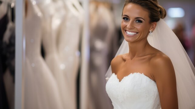 A bride in a wedding dress is the touchstone in the wedding dress shop, and her smile is full of happiness,