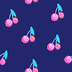 Abstract seamless pattern with colourful sweet cherry on blue background.  Wallpaper for cute girls. Fashion style fabric