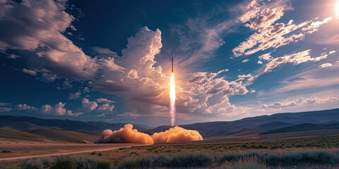 Rocket launching from launchpad. Shuttle has a trail of  fire behind it has it takes off from the spaceport - obrazy, fototapety, plakaty