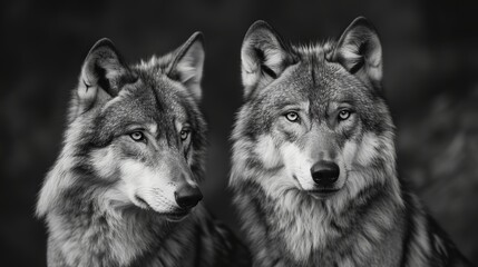 Naklejka na ściany i meble Wolves in nature, a black and white background