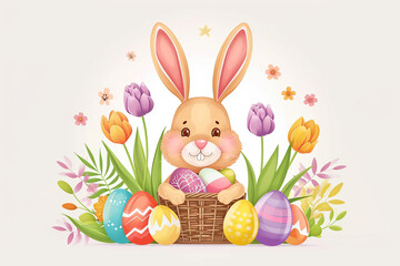 Brown Easter bunny and wicker basket with decorated eggs surrounded by spring flowers. Easter greeting card design.