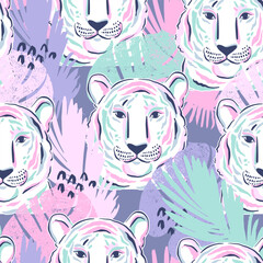 Seamless pattern with tigers, palm leaves Animal print. Creative texture for fabric, wrapping, textile, wallpaper, apparel. Vector illustration background © artlavi_design