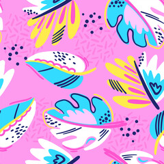 Fashion tropical funny wallpapers. Seamless pattern with leaf on pink  background.