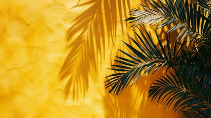 yellow table surface, sunlight, palm leaf shadow, in study style, wallpaper, uhd image, minimalist backgrounds, plain yellow, summer mood, aerial photo