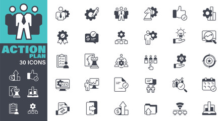 Action Plan Icons set. Solid icon collection. Vector graphic elements, Icon Symbol, Business, Strategy, Marketing, Finance, Solution, Growth