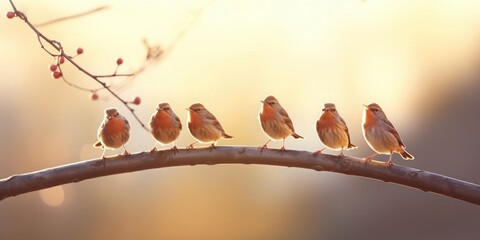 A flock of five birds were singing happily on the branch, High and short depth of field,