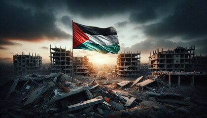 Palestinian flag in the rubble of a city






