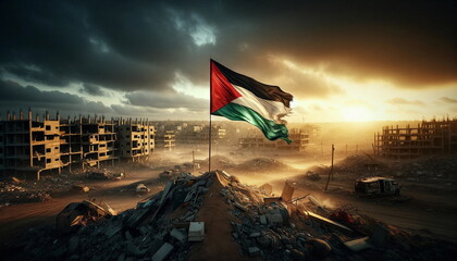 Palestinian flag in the rubble





