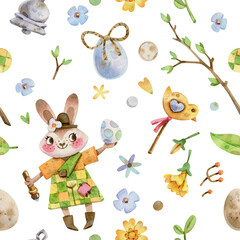 Obraz premium Watercolor seamless pattern illustrations on an Easter theme. Easter bunny with flowers and eggs. Background for packing paper, decor, and textiles.