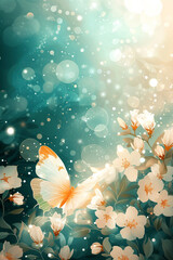 Fototapeta na wymiar Blooming cherry branch and beautiful butterfly on a turquoise background with bokeh light. Copy space. Greeting card design.