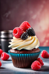 Vanilla raspberry cupcake with ligth cream topping garnished with berries.