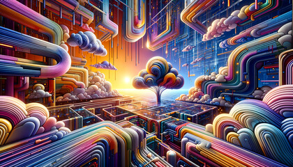 Vibrant Pop Futurism: Convolutional Neural Network as Glowing Neon Maze - obrazy, fototapety, plakaty