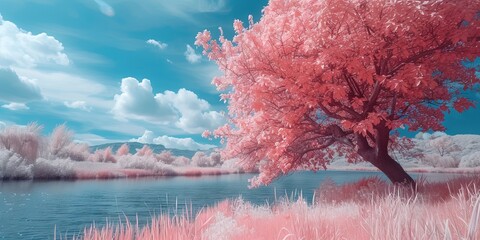 blue landscape with pink trees