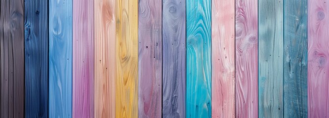 Colorful wooden background with a vertical set of wooden elements, pastel shades, web banner,...