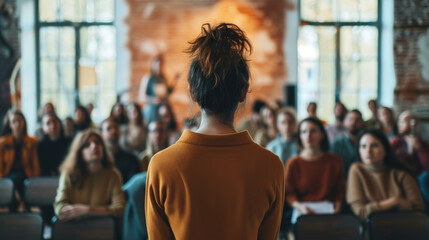 person is standing with their back to the camera, addressing an audience in what appears to be a public speaking event or conference