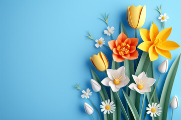 Fototapeta premium Delicate yellow orange paper cut spring flowers on a blue background. Spring floral background with copy space.