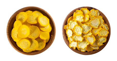 Yellow zucchini fresh and dried isolated on white background. Two bowls of yellow zucchini. One...