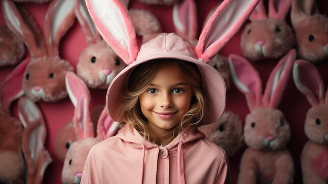 Bunnies and little sweet girl in pink wearing funny hat .