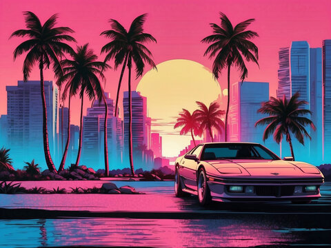 A stylized image of a sports car parked by the water with palm trees and a city skyline at sunset in a vaporwave aesthetic