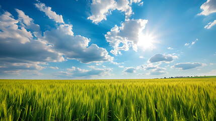 Green wheat field under blue sky with clouds. Beautiful nature scene.