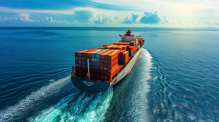 Shop in open sea. Large cargo ship sailing in the ocean. Freight transportation. Container transportation. 