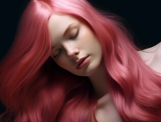 Naklejka premium Hair color beauty concept. Young woman with long healthy pink hair
