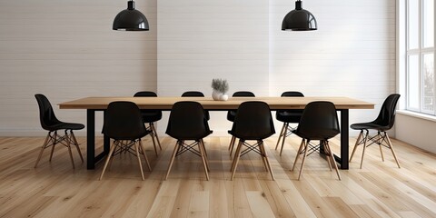 Wooden flooring, white walls, large wooden table, black chairs.