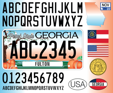 Georgia US state car license plate pattern, letters, numbers and symbols, vector illustration, USA
