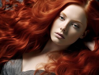 Close-up of beautiful young woman with long healthy red hair looking at camera