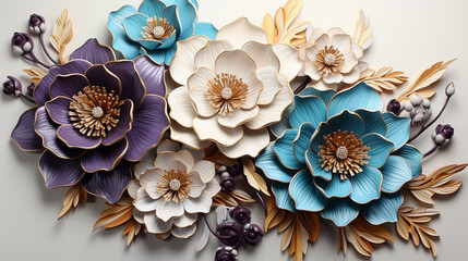 3d Flowers Sublimation, Lavender, Turquoise, Gold, Wrap, Pastel, 3D Flowers Sublimation for Versatile Creations, flowers on a wooden background, bouquet of colorful roses, Created using generative AI