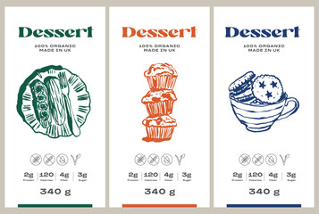 Naklejka premium Vector hand drawn dessert packaging label design template set for cafe or restaurant 