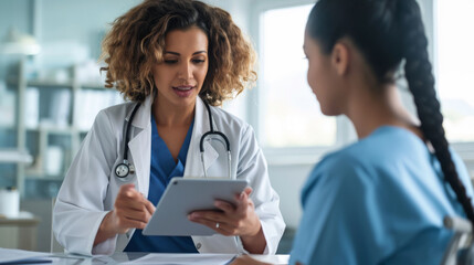 focused female doctor in a white coat with a stethoscope around her neck using a tablet while consulting with a patient or colleague