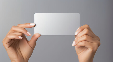 Hand presenting a blank white card, ideal for advertising and mockups. - obrazy, fototapety, plakaty
