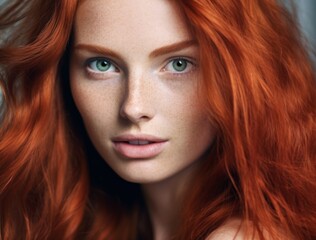 woman with long red hair. Young, red haired woman with voluminous hair. Beautiful model with long, dense, curly hairstyle .