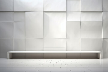 Minimalist white bench against tiled wall interior
