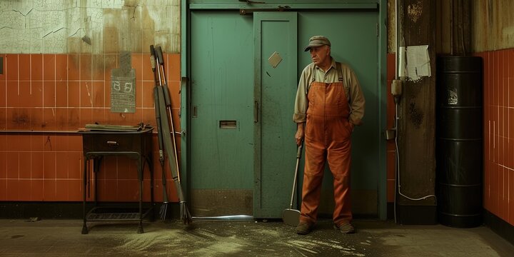 Janitorial concept with custodian cleaning the floors of a large building