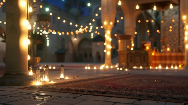 A Ramadan Celebration In A Cultural Square, With Traditional Decorations, An Empty Podium Awaiting Community Leaders, And The Joyful Atmosphere Of A Diverse Gathering.