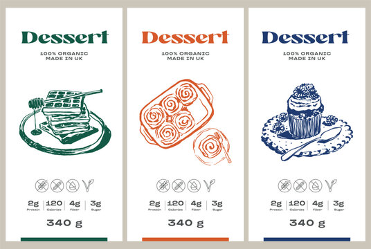 Vector hand drawn dessert packaging label design template set for cafe or restaurant	