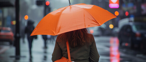Solitary woman with an orange umbrella against the urban rain, a reflective cityscape