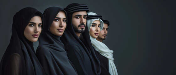A poised group of Emirati men and women in traditional attire, exuding elegance and cultural pride